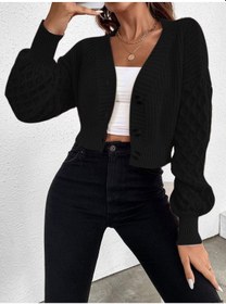 Resim Aqe Fashion V Yaka Örgü Desenli Triko Crop Siyah Hırka Siyah 
