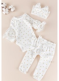 Resim Yaldızlı Kalp Desenli Bandanalı 3'lü Kız Bebek Takım 001 