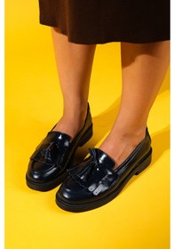 Resim Milina Laci Rugan Püsküllü Hakiki Deri Kadın Loafer Ayakkabı Lacivert 