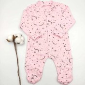 Resim Bebek Star Patikli Ay Yıldız Desenli Pembe Kız Bebek Tulum %100 Cotton 