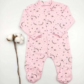 Resim Bebek Star Patikli Ay Yıldız Desenli Pembe Kız Bebek Tulum %100 Cotton 