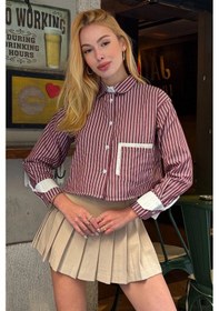 Resim Bordo Manşet Ve Cepleri Garnili Çizgili Oversize Crop Dokuma Gömlek Bc231036 Çok Renkli 