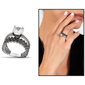 Resim Siyah Zirkon Taşlı Taç Tasarım 925 Ayar Gümüş Kadın Tektaş Yüzük (475776940) 