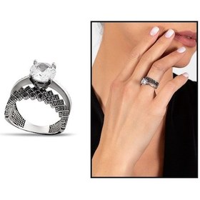 Resim Siyah Zirkon Taşlı Taç Tasarım 925 Ayar Gümüş Kadın Tektaş Yüzük (475776940) 