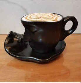 Resim Seramik Yüz Desenli Kupa Bardak Siyah 