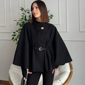 Resim Liya Kemerli Kaşe Siyah Panço - S 