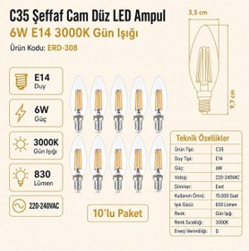 Resim HEKA C35 Şeffaf Cam Düz LED Ampul 6W E14 3000K Gün Işığı ERD-308 10'lu 