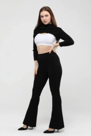 Resim Thiff Gymwear Kadın Siyah Toparlayıcı İspanyol Paça Çelik Örme Tayt SiYAH 