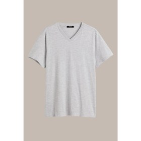 Resim Mmetalic Erkek Gri Slim Fit Pamuklu Kısa Kollu V Yaka T-Shirt 