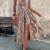 Resim Kadınların Zarif V-Yaka Paisley Baskılı Kolsuz Tulum - Boho Şık Polyester Tulumlar Bahar/Yaz, Yetişkin Günlük Giyim, Uzun Boy, Kemer Yok, Yetişkin Tarzı, Tatil Kıyafeti | Paisley Baskılı Tulum | Canlı Baskılı Tulum 