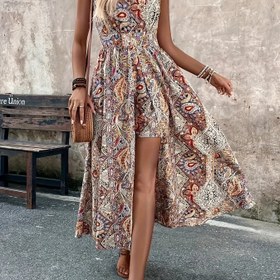 Resim Kadınların Zarif V-Yaka Paisley Baskılı Kolsuz Tulum - Boho Şık Polyester Tulumlar Bahar/Yaz, Yetişkin Günlük Giyim, Uzun Boy, Kemer Yok, Yetişkin Tarzı, Tatil Kıyafeti | Paisley Baskılı Tulum | Canlı Baskılı Tulum 