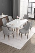 Resim Canisa Noa Serisi 80x132 Açılabilir Mdf Beyaz Masa Ceviz Ayak Masa Takımı Ve 6 Gri Sandalye 
