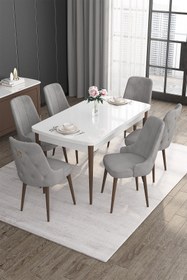 Resim Canisa Noa Serisi 80x132 Açılabilir Mdf Beyaz Masa Ceviz Ayak Masa Takımı Ve 6 Gri Sandalye 