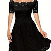 Resim Elegant Omuzdan Aşağı Dantel Elbise, Polyester Karışımı, Örgü Kumaş, Düz Renk, A-Şekilli, Kısa Kollu, Kadınlar İçin, Tüm Mevsim 