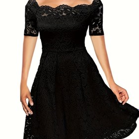 Resim Elegant Omuzdan Aşağı Dantel Elbise, Polyester Karışımı, Örgü Kumaş, Düz Renk, A-Şekilli, Kısa Kollu, Kadınlar İçin, Tüm Mevsim 