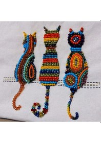 Resim Uretti - Sümeyya 2589 1714 El Yapımı Etnik Kedi Desenli Boncuk İşlemeli - Yeşil Püsküllü Clutch Çanta Beyaz 