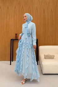 Resim Eteği Volanlı Fırfırlı Şifon Elbise Mavi - 36 / Mavi 