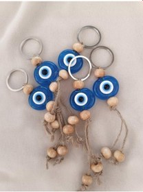 Resim Nazar Boncuk Şeffaf Mavi Anahtarlık 5 Adet Kötü Göz Kovucu Ahşap Boncuklu Nazar Hand Made Hasır Nazarlı Anahtarlık 