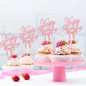 Resim 12 adet Pembe Kurdele Mutlu Doğum Günü Pasta Üstleri - Kızların Doğum Günü Pastaları için Zarif Ahşap Süslemeler, Kupka ve Parti Kutlamaları için Mükemmel, Doğum Günü Partisi Süslemesi 