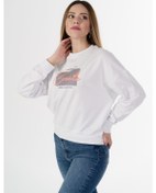 Resim Drappe Zeplin Bayan Sıfır Yaka Sweatshirt Baskı Beyaz 