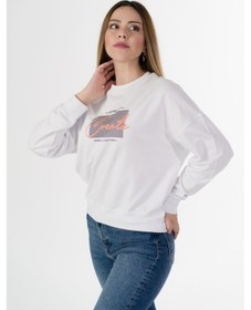 Resim Drappe Zeplin Bayan Sıfır Yaka Sweatshirt Baskı Beyaz 