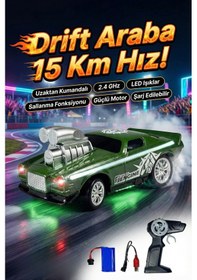 Resim Uzaktan Kumandalı Drift Arabası Rc Araba Işıklı Şarjlı 15 Km/h Hızlı Oyuncak Araba Yeşil 