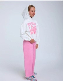 Resim Kız Çocuk Kapüşonlu Love Yazılı Sweatshirt-14315 Beyaz 