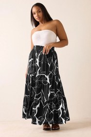 Resim Büyük Beden Bürümcük Kumaş Çiçek Desenli Beli Lastikli Etek 304235 - 42 / Siyah Beyaz 