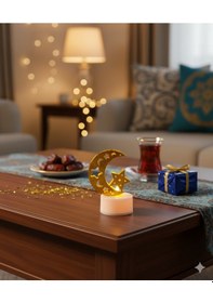 Resim 6 Cm Ramazan Ledli Tealight Mum Altın Metal Ay-yıldız Model - Kendinden Pilli Dekoratif Mum Diğer 