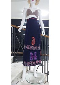 Resim Bohem Stil Hint Batik Çiçek Desenli Ve İşlemeli Uzun Hint Anvelop Etek Lacivert 