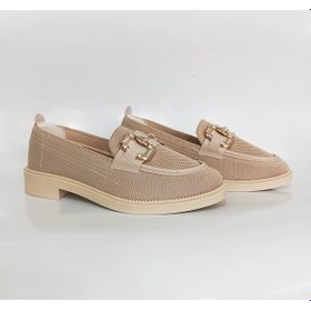 Resim Bej Renk Triko Kalın Taban Taşlı Kadın Loafer Ayakkabı 001 
