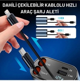 Resim Araç Çakmaklık Şarj Aleti - 66w Dahili Çekilebilir Kablolu Type C & Lightning Çakmaklık Araç Hızlı Ş 