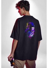 Resim Gamer Oyuncu Kulaklığı Renkli Pamuklu Unisex Oversize Sırt Dijital Baskılı Siyah T-shirt Siyah 