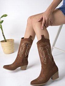 Resim bakacstore Kadın Nakışlı Yeni Sezon Kovboy Çizme Koyu Taba Süet 