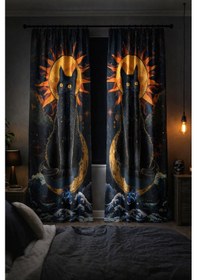 Resim Çocuk Odası Çift Kanatlı Fon Perde Siyah Kedi Ay Güneş Desenli 