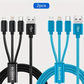 Resim 2 adet 3'ü 1 arada Hızlı Şarj Kablosu, Dayanıklı Naylon Örgülü, USB-C'den USB-A'ya ve Micro USB'den, for iPhone, for Samsung, Xiaomi, Oppo, Vivo, Redmi, OnePlus ve Daha Fazlası İçin 10-20W Güç Dağıtımı, Siyah ve Mavi Seçenekler, Şarj Kablosu | Modern Kablolama Tasarımı | Parlak Bitiş 