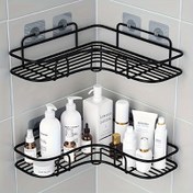 Resim Paslanmaz Siyah Paslanmaz Çelik Köşe Duş Rafı - Duvara Monte Banyo Düzenleyici, Şampuan, Tonik ve Kozmetik Depolama için 2 Raf, Delme Gerektirmez, Banyo Düzenleyicileri ve Depolama 