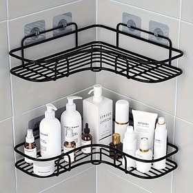 Resim Paslanmaz Siyah Paslanmaz Çelik Köşe Duş Rafı - Duvara Monte Banyo Düzenleyici, Şampuan, Tonik ve Kozmetik Depolama için 2 Raf, Delme Gerektirmez, Banyo Düzenleyicileri ve Depolama 