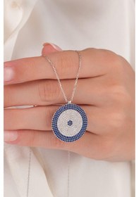 Resim 25 Mm Gümüş Mavi Lacivert Zirkon Taşlı Göz Nazar Boncuğu Boncuklu Kolye 