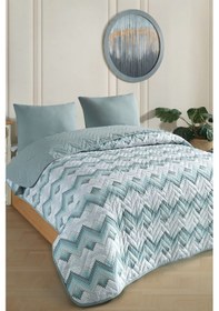 Resim Tek Kişilik Desenli Kapitone Çift Taraflı Renkli Pike Yatak Örtüsü Takımı 160x230 Cm Çarşafsız Yeşil 