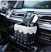 Resim Beyaz Bling Kristal Rhinestone Araba Hava Firar Cep Çanta Saklama Kutusu Organizatör Evrensel Deri Araba Cep Telefonu Gözlük Tutucu 