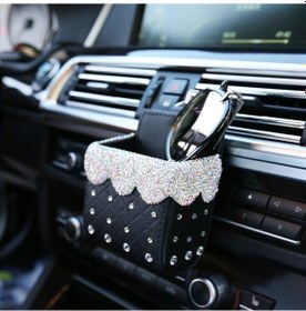 Resim Beyaz Bling Kristal Rhinestone Araba Hava Firar Cep Çanta Saklama Kutusu Organizatör Evrensel Deri Araba Cep Telefonu Gözlük Tutucu 