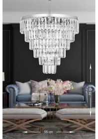 Resim Linsa 55 Cm'lik Kristal Cam Taşlı Lüks Avize - Gümüş Yaldız Gümüş Yaldız 