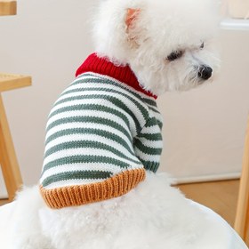 Resim Renkli Retro Çizgili Küçük Köpek Kazakları - Yeşil ve Turuncu Çizgili Yumuşak Örgü, Pomeranianlar, Chihuahua'lar, Shih Tzular için Rahat Kışlık ve Sonbaharlık Köpek Giysimi, Konforlu Evcil Hayvan Kıyafeti 