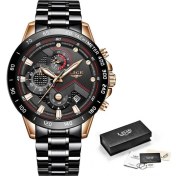 Resim Hanyang Altın Siyah Lıge Erkekler Saatler Üst Marka Lüks Paslanmaz Çelik Mavi Su Geçirmez Kuvars Izle Erkekler Moda Chronograph Erkek Spor Askeri Izle (Yurt Dışından) 