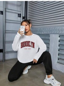 Resim Brooklyn New York Yazı Eşofman Takımı Beyaz Sweatshirt Siyah Jogger - Baskılı Oversize Bisiklet Yak Beyaz 