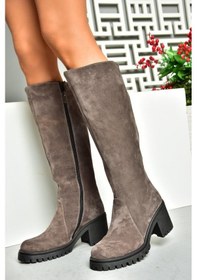 Resim Fox Shoes R654047702 Füme Hakiki Deri Süet Kalın Topuklu Kadın Çizme Füme 