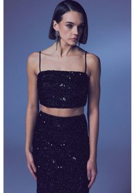 Resim Sateen İp Askılı Payet Crop - Siyah-135639 Siyah 