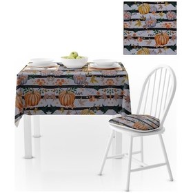 Resim Bal Kabağı Desenli Siyah Çizgili Dijital Baskılı Petek Dokuma Masa Örtüsü 120x140 