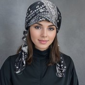 Resim Siyah ve Beyaz Şemsiye Desenli Bağcıklı Turban Şapka, Hafif İnce Başlık, Uzatılmış Kuyruklarla Kemoterapi Şapkası 